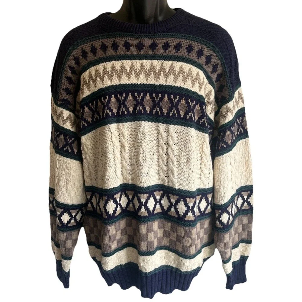 Vtg Royal Knight Grandpa Sweater Abstract Pattern Geometric Checkers Chunky Blue